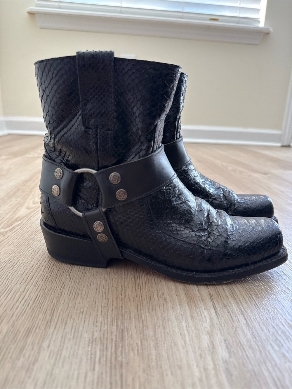 Vintage Sendra Biker Boots Harness Black Leather Snake Size 7 US Women 37